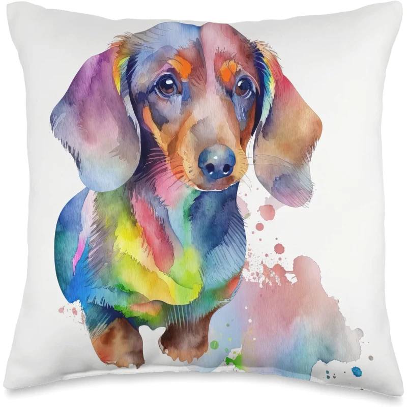 Dachshund Dog Colorful Watercolor Dog Throw Pillow Gift for Dad