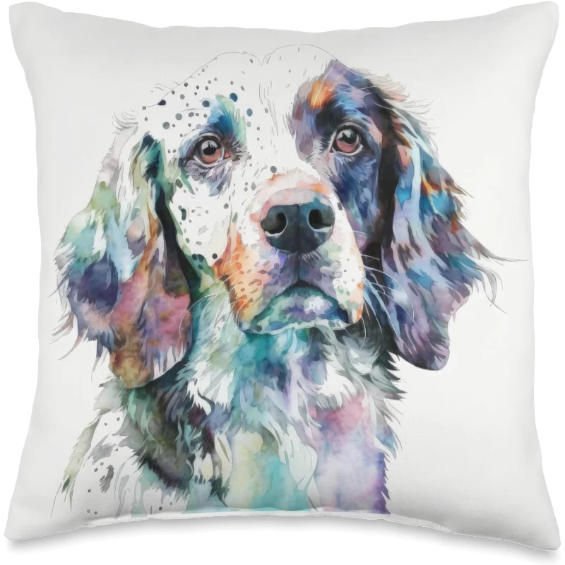 English Setter Dog Colorful Watercolor Dog Throw Pillow Gift for Dad