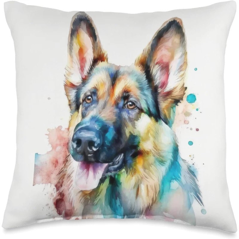 German Shepherd Dog Colorful Watercolor Dog Throw Pillow Gift for Dad