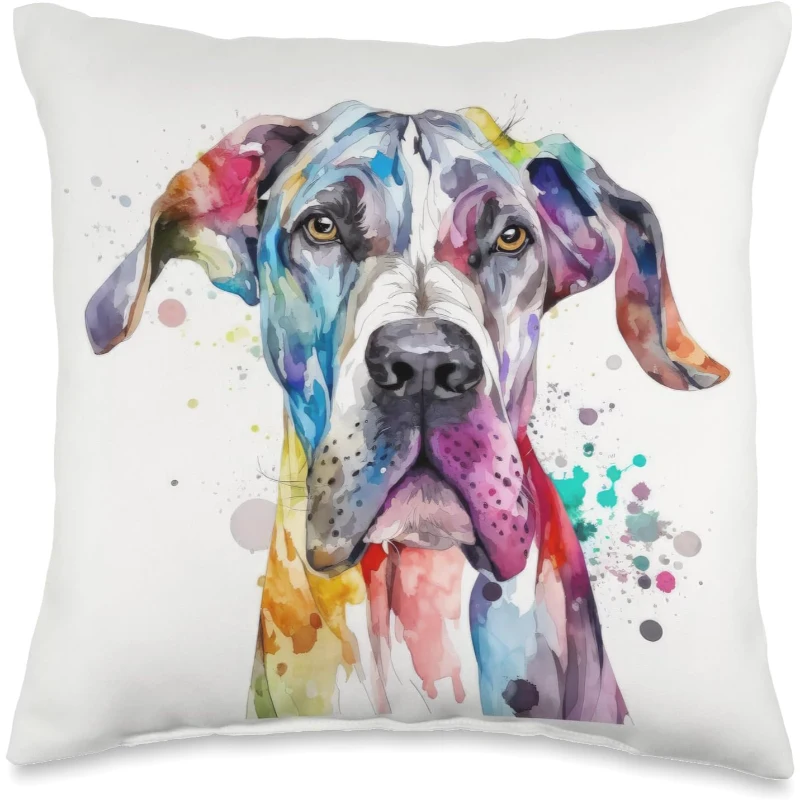 Great Dane Dog Colorful Watercolor Dog Throw Pillow Gift for Dad