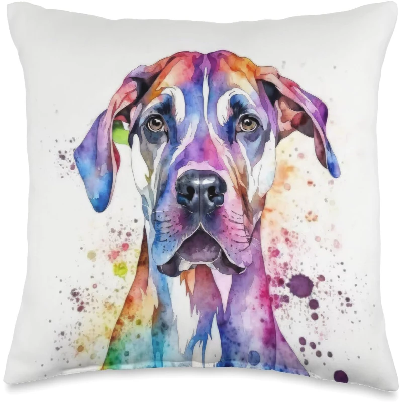Great Dane Dog Colorful Watercolor Dog Throw Pillow Gift for Dad