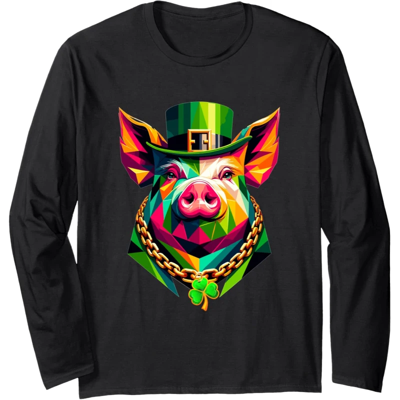 Pig Irish Leprechaun Gangster St Patricks Day Shamrock Long Sleeve Tee Gift for Music...