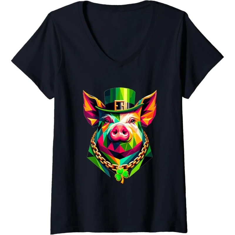 Pig Irish Leprechaun Gangster St Patricks Day Shamrock V-Neck Tee Gift for Music Lovers