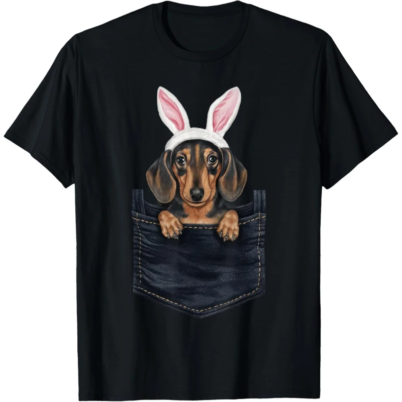 Cute Dachshund Dog Bunny Hat in Pocket Easter Tee | Easter Gift for Lovers