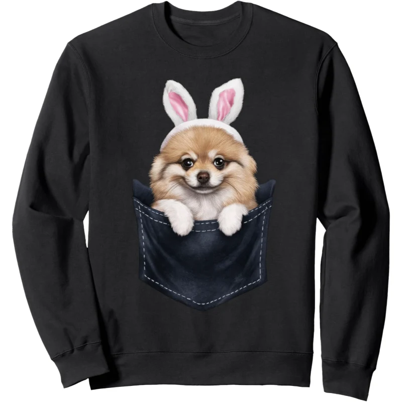 Cute Pomeranian Dog Bunny Hat in Pocket Easter Sweatshirt | Easter Gift for Lovers