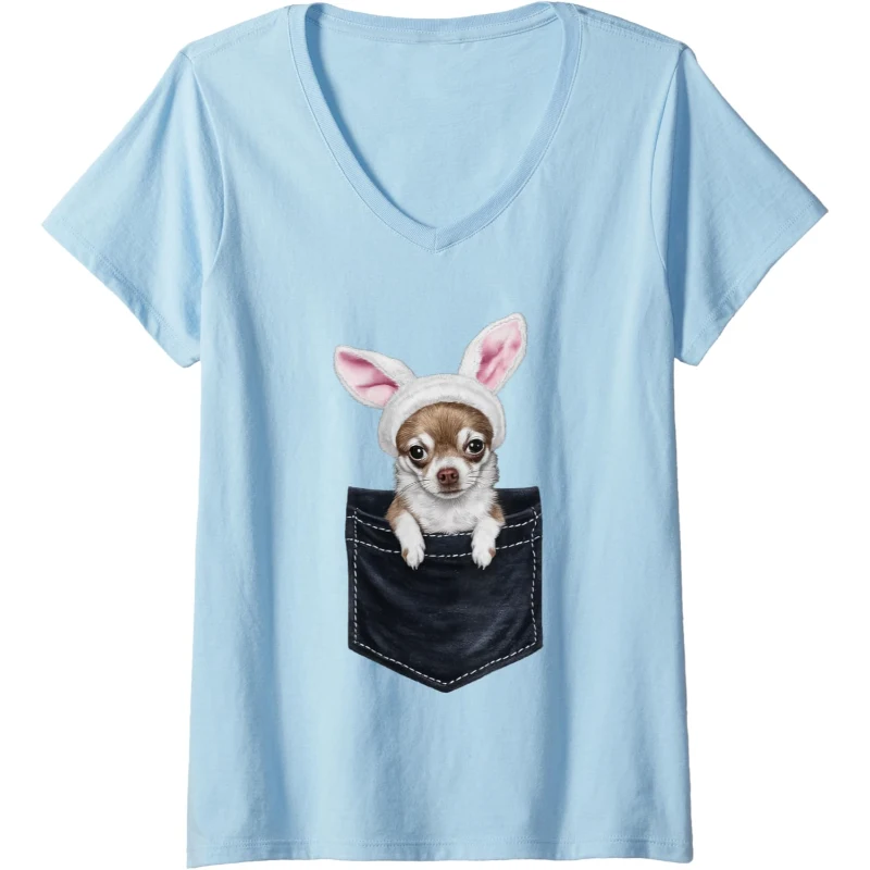 Cute Chihuahua Dog Bunny Hat in Pocket Easter V-Neck Tee | Easter Gift for Lovers