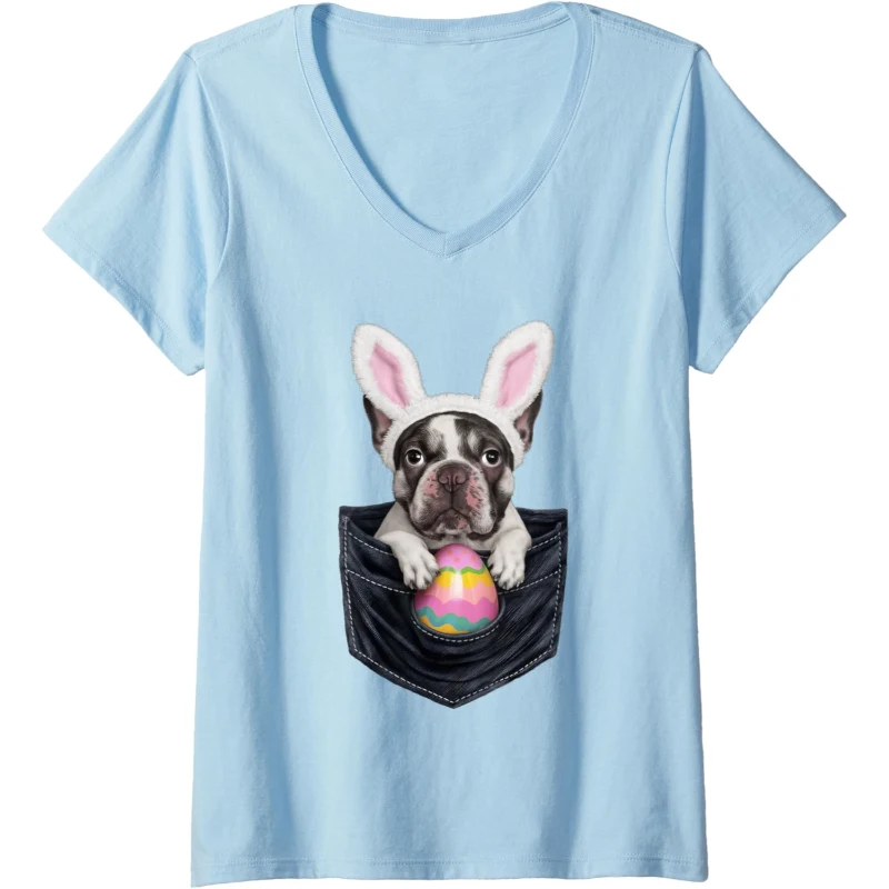 Cute French Bulldog Bunny Hat in Pocket with Easter Egg V-Neck Tee | Easter Gift for ...