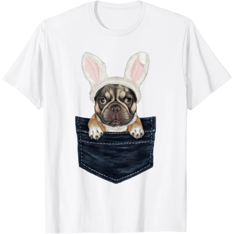 Cute French Bulldog Puppy Bunny Hat in Pocket Easter Tee | Easter Gift for Lovers