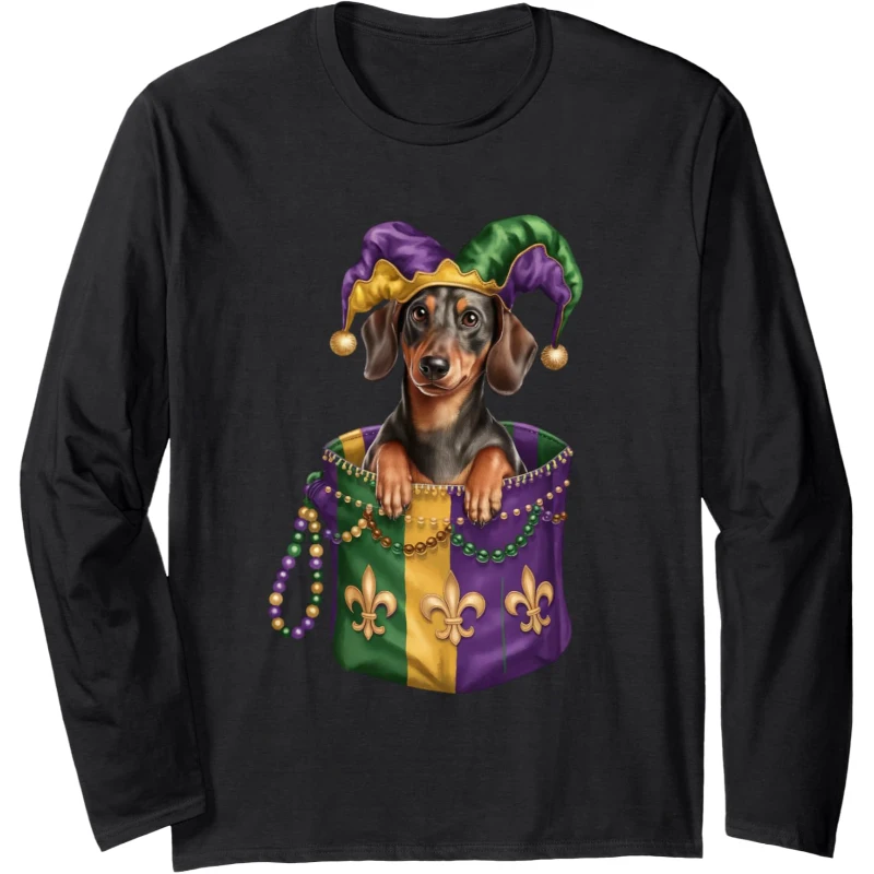 Jester Hat Dachshund Dog in Mardi Gras Pocket Long Sleeve Tee | Mardi Gras Gift for L...