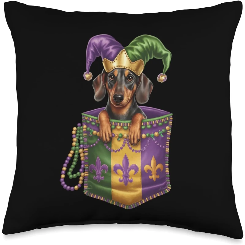 Jester Hat Dachshund Dog in Mardi Gras Pocket Throw Pillow | Mardi Gras Gift for Lovers