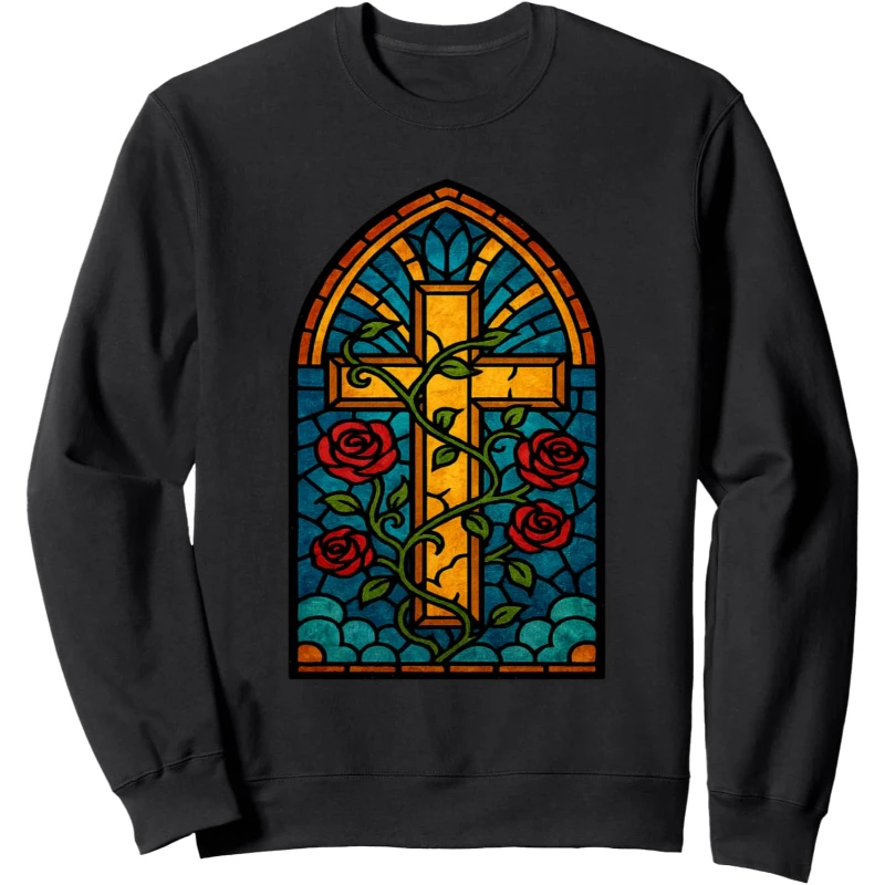 Stained Glass Cross with Red Roses Faith Cross Sweatshirt