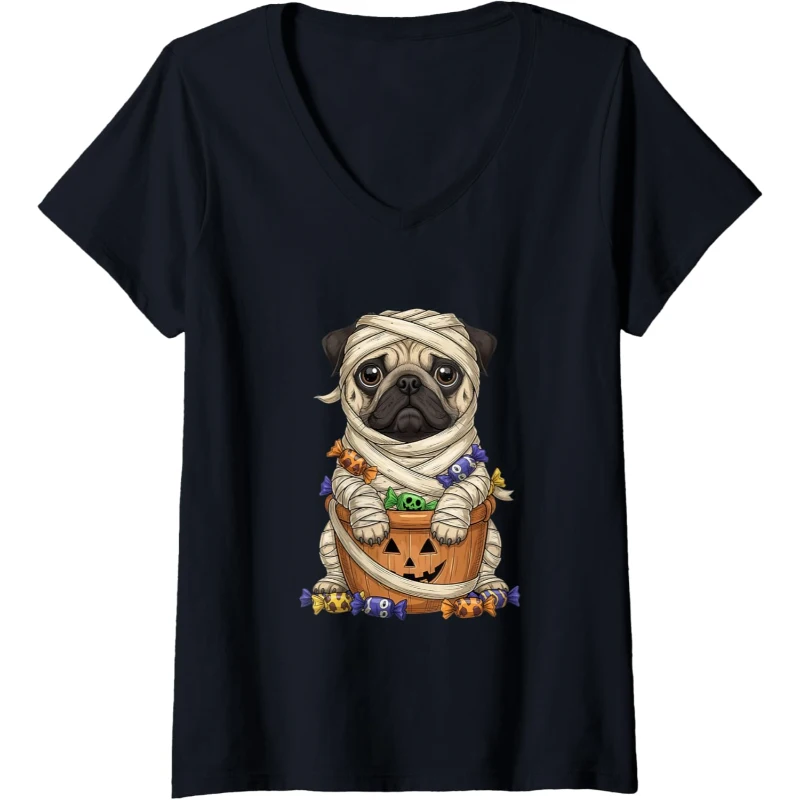 Funny Pug Spooky Mummy Costume Candy Trick-or-Treat Basket V-Neck Tee | Halloween Gif...