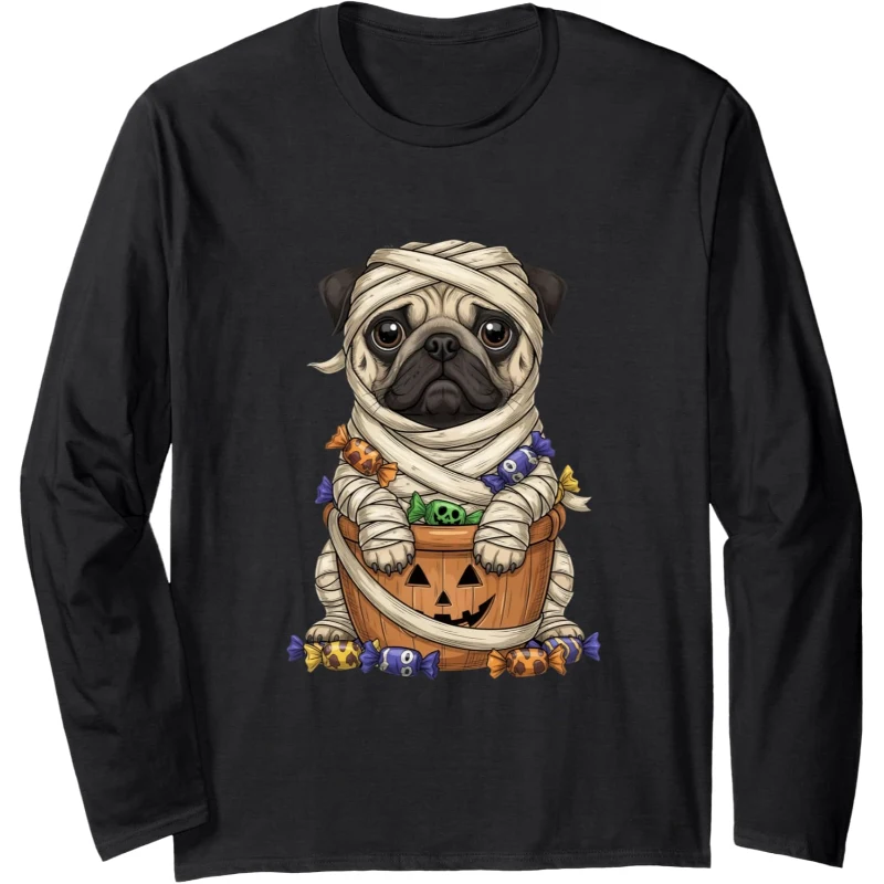 Funny Pug Spooky Mummy Costume Candy Trick-or-Treat Basket Long Sleeve Tee | Hallowee...