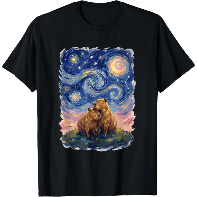 Starry Night Capybara Couple Art Parody Valentine's Day Loving Pair Tee